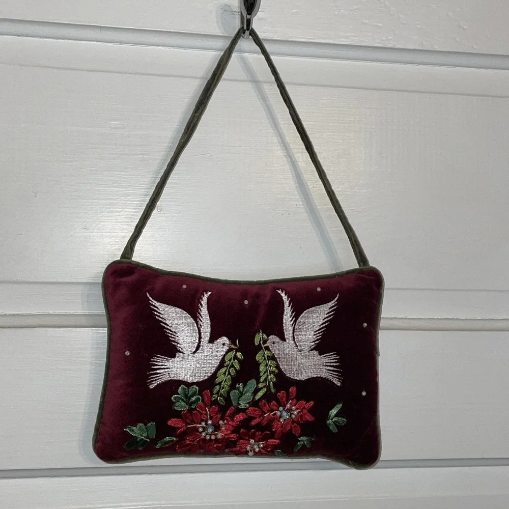 Vintage Maroon Velvet Ribbon Embroidery Rectangle Pillow Doves Hang Handle Strap